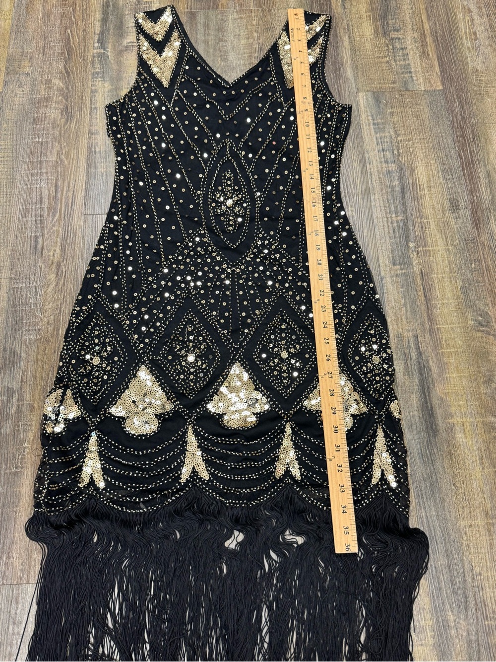 Black & Gold Beaded Fringe Evening Dress M - Picture 12 of 16